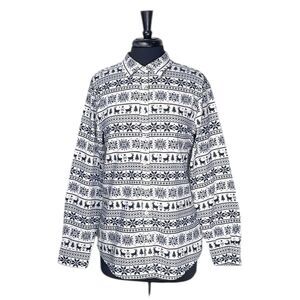 Lands' End Womens Button Up Shirt Navy Blue White Fair Isle Christmas Flannel 14